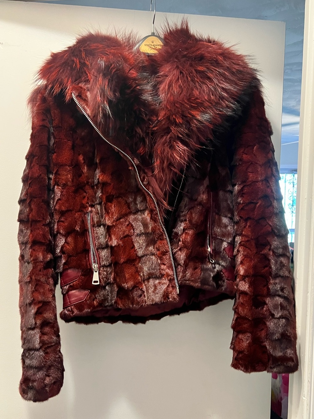 Genuine Mink Fur Moto Jacket - Deep Burgundy